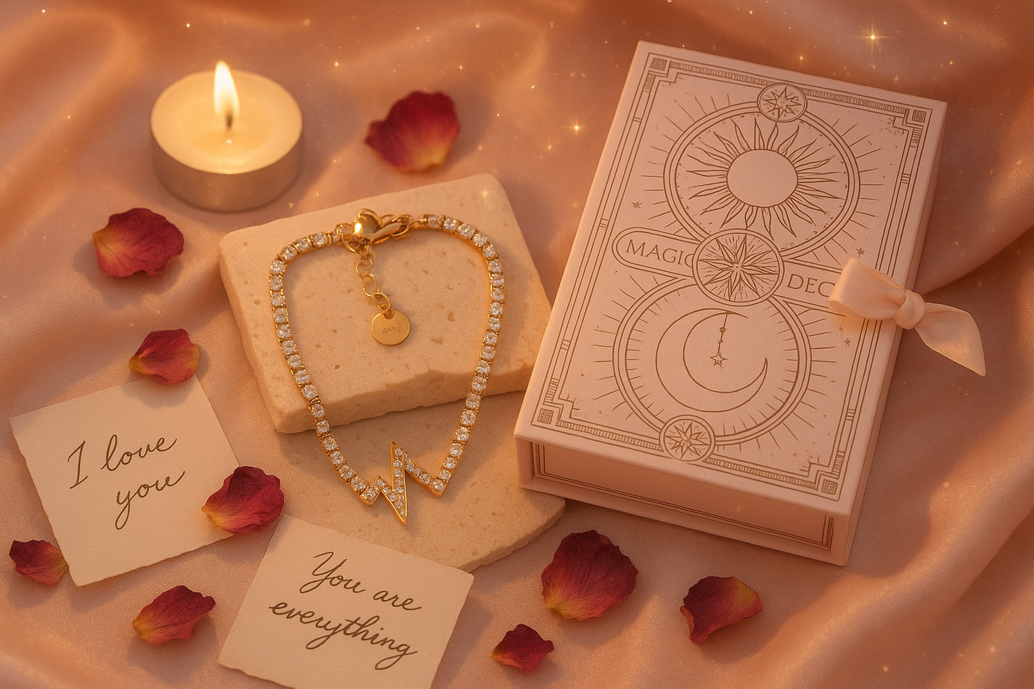 A dreamy flat lay featuring the exact gold lightning bolt bracelet and detailed mystical celestial box on soft pink silk with golden light, love notes, rose petals, candle, and magical sparkles