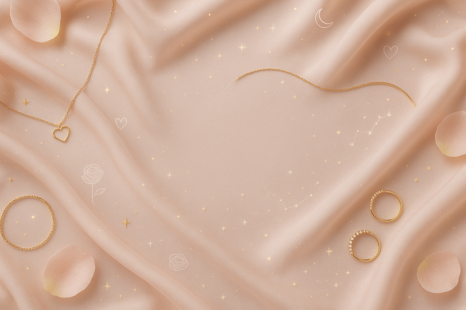 Soft ethereal slideshow background with blush pink silk fabric, gold jewelry, and celestial elements